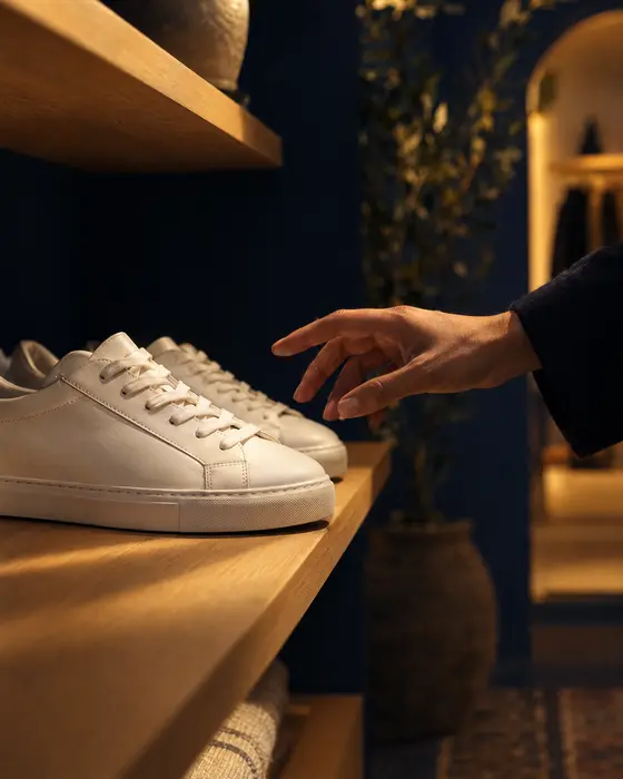 Une main hésite avant de prendre une paire de baskets blanches sur une étagère de boutique
